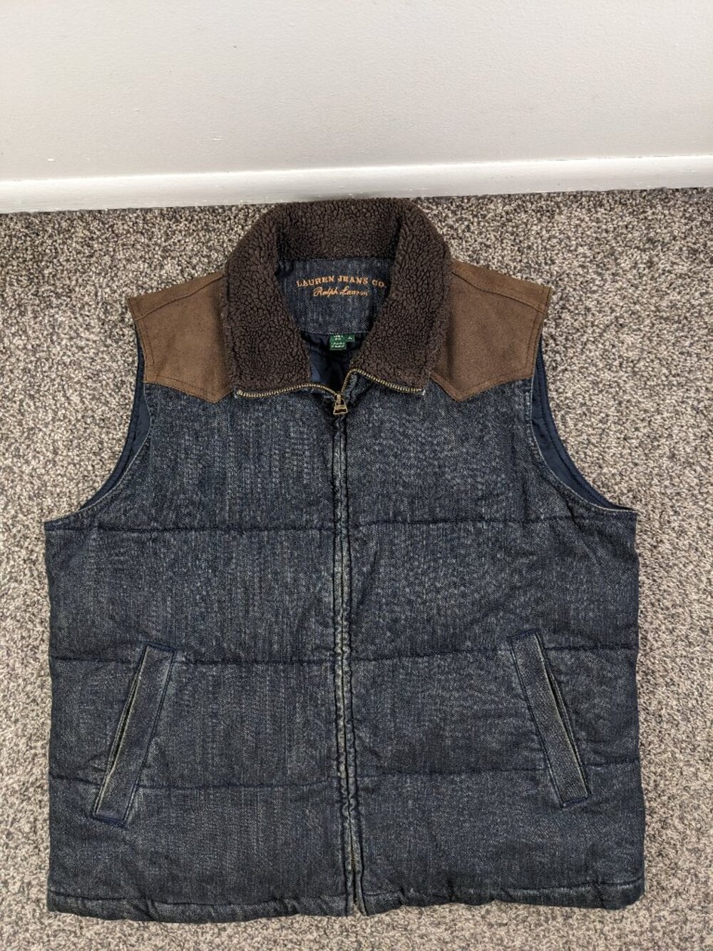 Ralph Lauren Vest Western Denim Puffer Quilted Sherpa Collar Blue Womens XL
